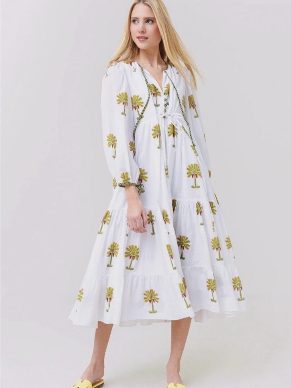 Charina Sarte White Tiered Midi Dress with Palm Print